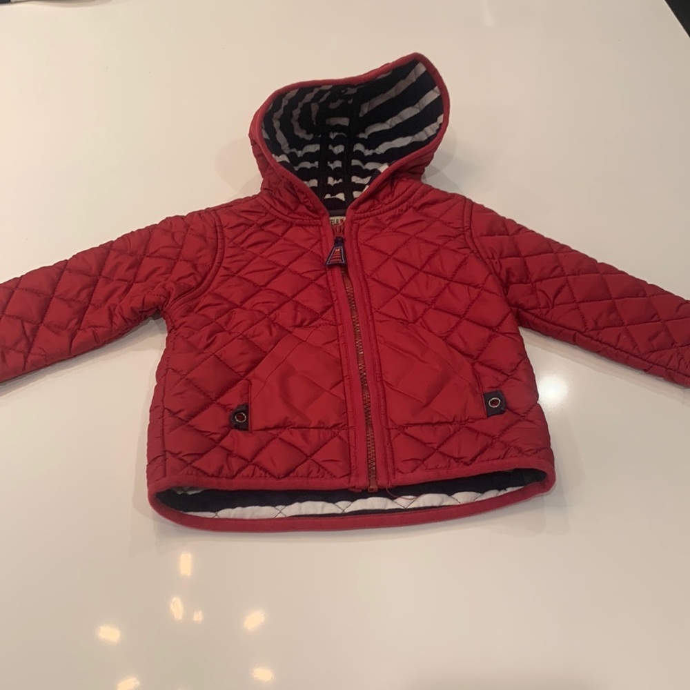 Red quilted coat w/blue + white striped lining purchased in Italy size 18 months